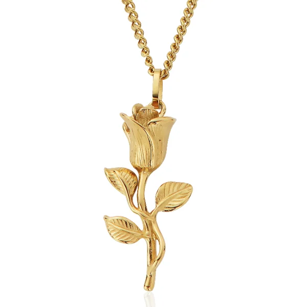 

Men's Gold Plated Stainless Steel Rosary Flower Pendant Rose Necklace, Picture shows