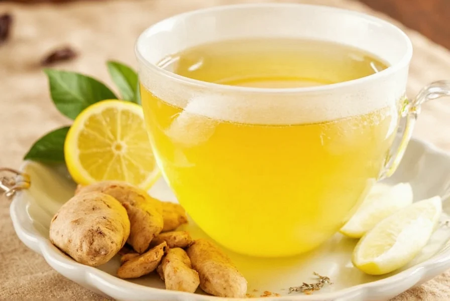 Fresh ginger root slices and lemon slices in clear glass teapot with steam rising, natural lighting