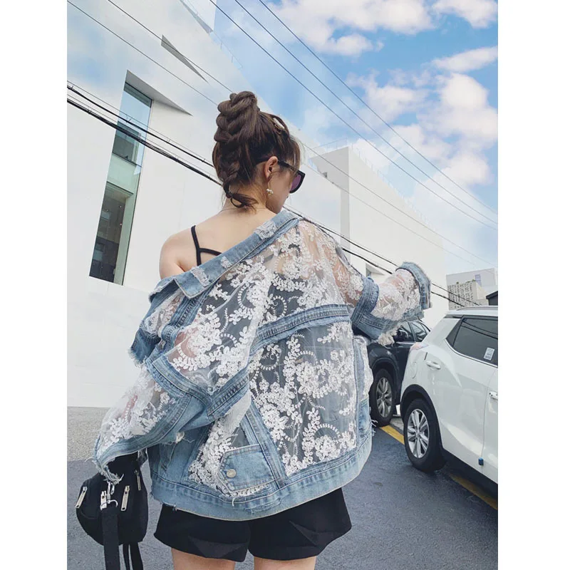 

2020 new arrivals autumn collection fashion brand women street contract lace oversize hip-hop denim jacket