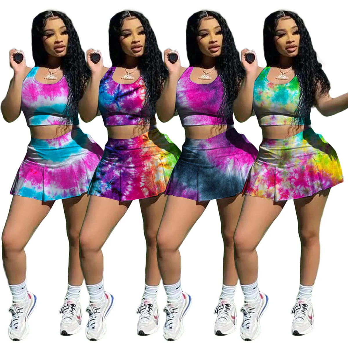 

2021 New Trendy Bodycon Tie Dye Two Piece Set Women Clothing Sexy 2 Piece Short Set Women Summer Two Piece Skirt Set, As picture or customized make