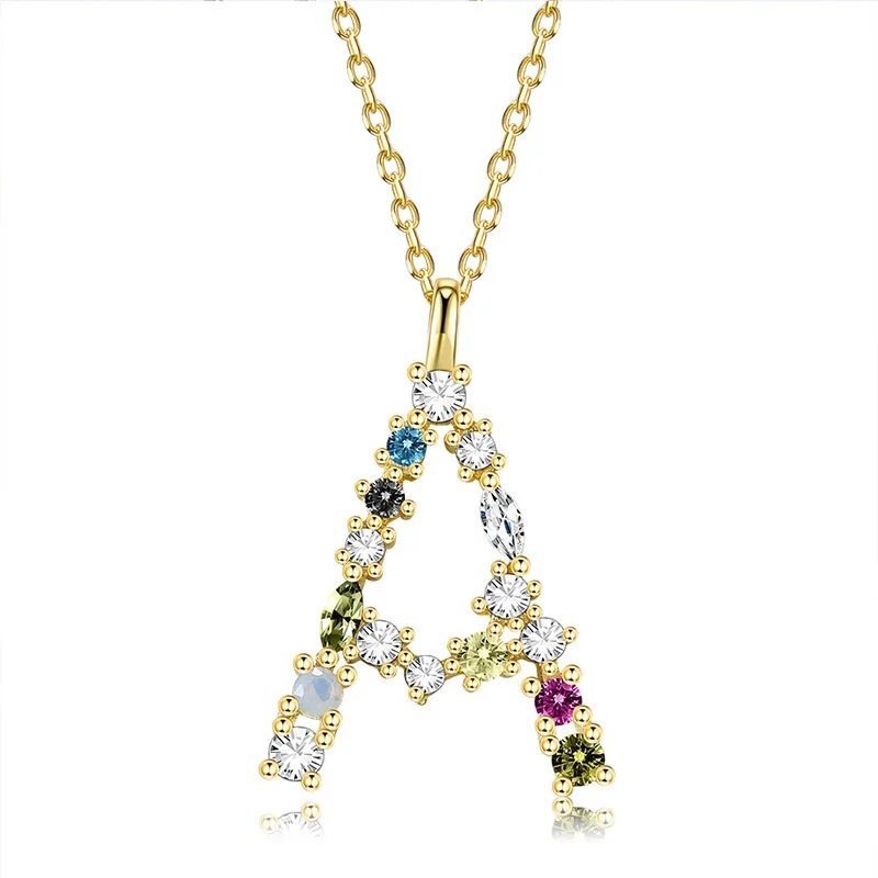 

Fashion 925 Sterling Silver Colorful Zircon Initial Letter charm Necklace Gold Plated Bling Crystal 26 Letters clavicle Necklace, As picture