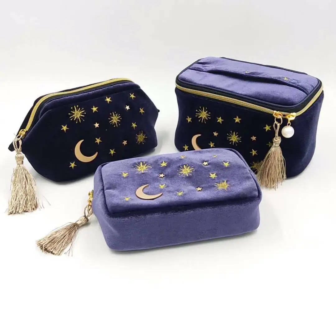 

Multi-purpose Rectangle Portable Moon Star Embroidered Bling Zipper Bag Makeup Clutch Bag, Customized color
