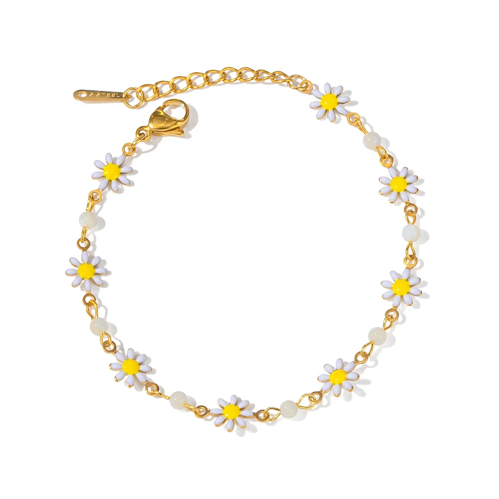 

Little Daisy White Dropped Oil Pearl 18K Gold-plated Stainless Steel Flower Bracelet For Women