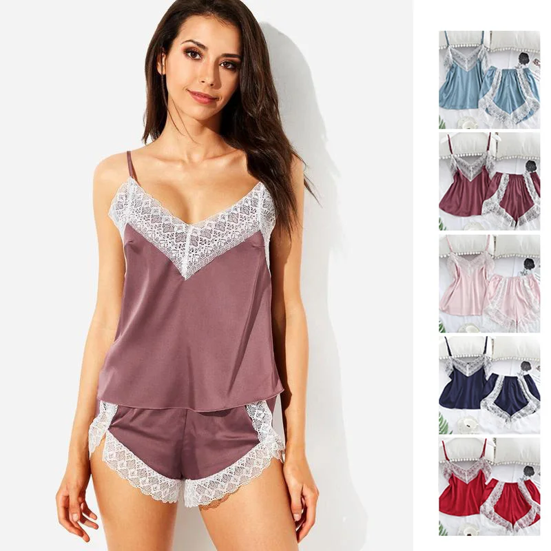 

Wholesale Customized Girl Two Piece Sexy Comfort Seductive Transparent Lace Trim Sling Satin Silk Sleepwear Short Lingerie Set, 6 colors