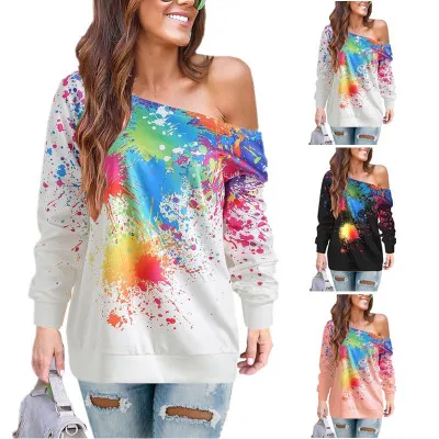 

New 2019 Women Autumn Fashion Spray paint Print Skew Collar Long Sleeve Tops Female Casual Loose Cotton Splice T-Shirt Coldker, As shown on picture