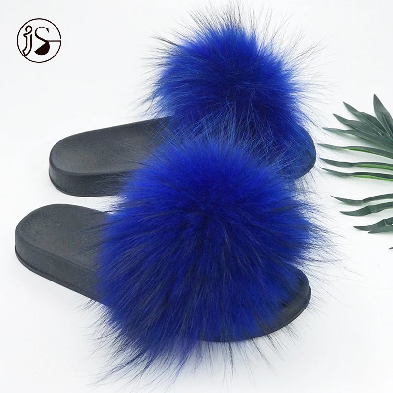 

2021 Raccoon fur slides colorful footwear women slippers long furry fur slippers Comfort slippers with flat bottom, Picture