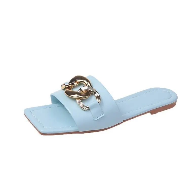 

Dropshipping Daily Life Outdoor Casual Slippers Ladies Square Head Solid Color Chain Simple Style Fashion Slipper Latest