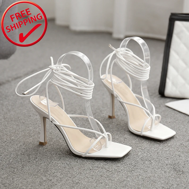 

Summer women sandals narrow band vintage square toe high heels cross strap thong sandals women V shape design shoes women, Black and white