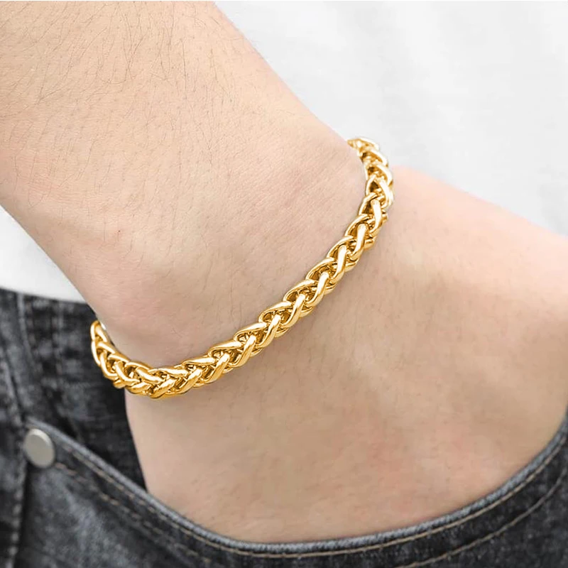 

18K Gold Plated Chunky Thick Rope Choker Spiga Wheat Chain Men Necklace And Bracelets For Men Unisex Jewelry Set pulsera hombre