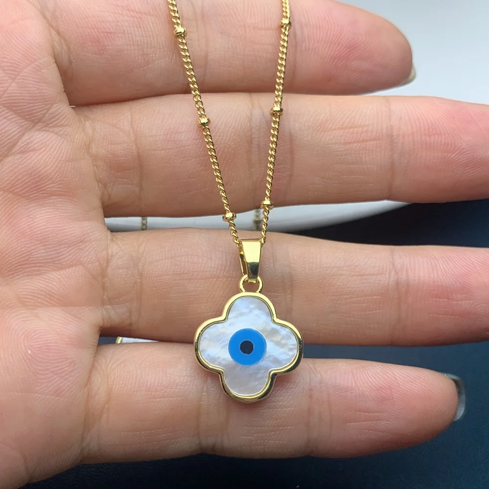 

Classic Leaf Clover Blue Evil Eye Necklace For Women 2021 Fashion Metal Mother of Pearl Shell Pendant Choker Neck Jewelry