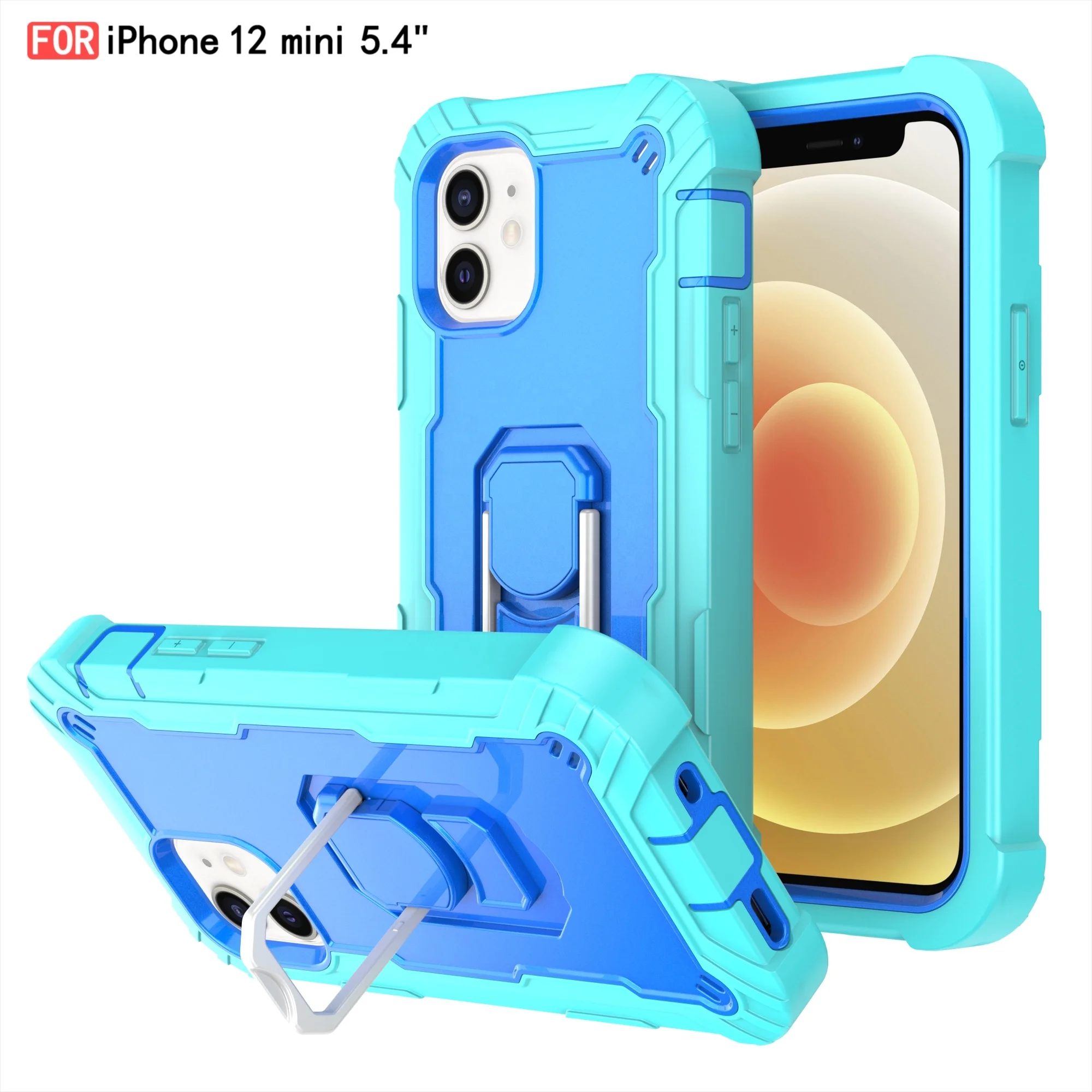 

Silicone PC 3 in 1 Shockproof Metal Kickstand Mobile Phone Case for iPhone 12 Mini 5.4/12 Pro Max 6.7, Multi colors