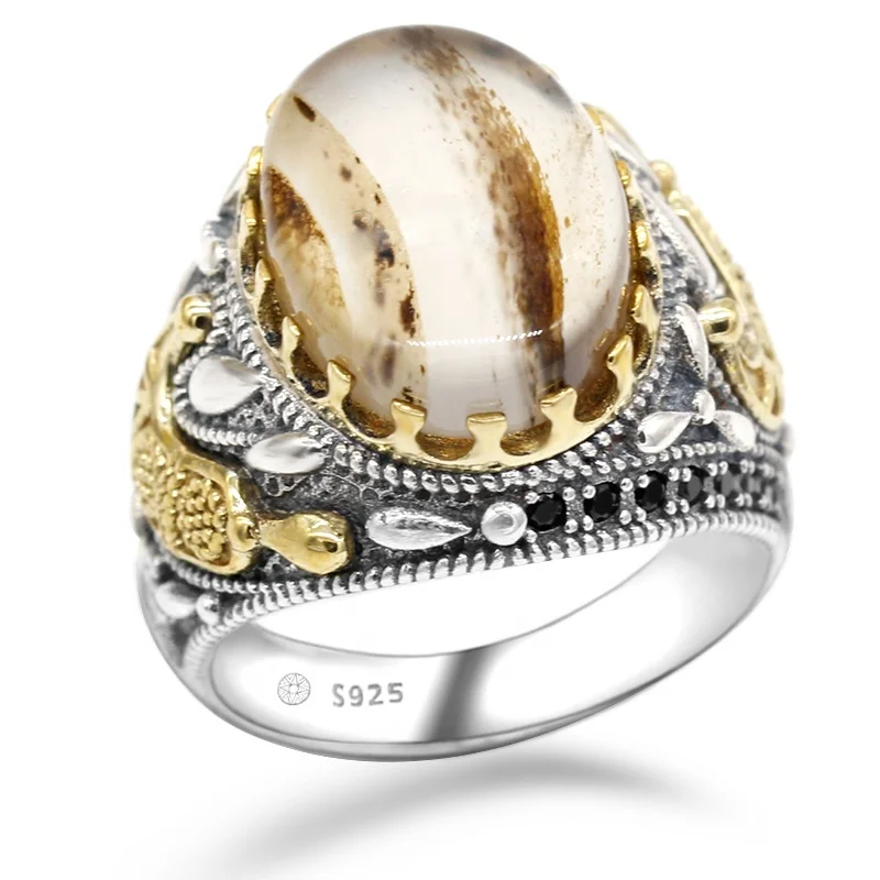 Wholesale S925 Silver Natural Agate Stone Men Ring , Engraved Onyx Rings Saudi Arabia Finger Ring for Men