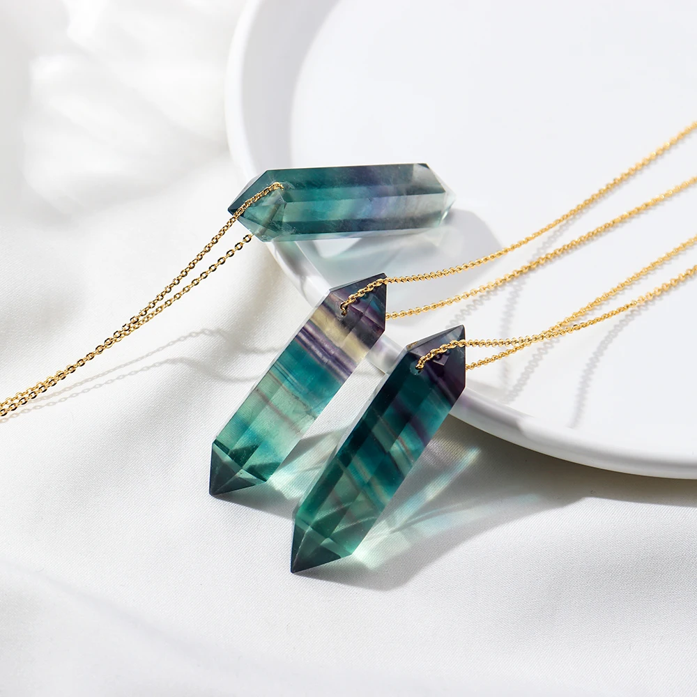 

Healing Gem Stone Natural Rainbow Fluorite Crystal Quartz Carved Hexagon Point Pendant Necklace For Women Jewelry, Gold chain