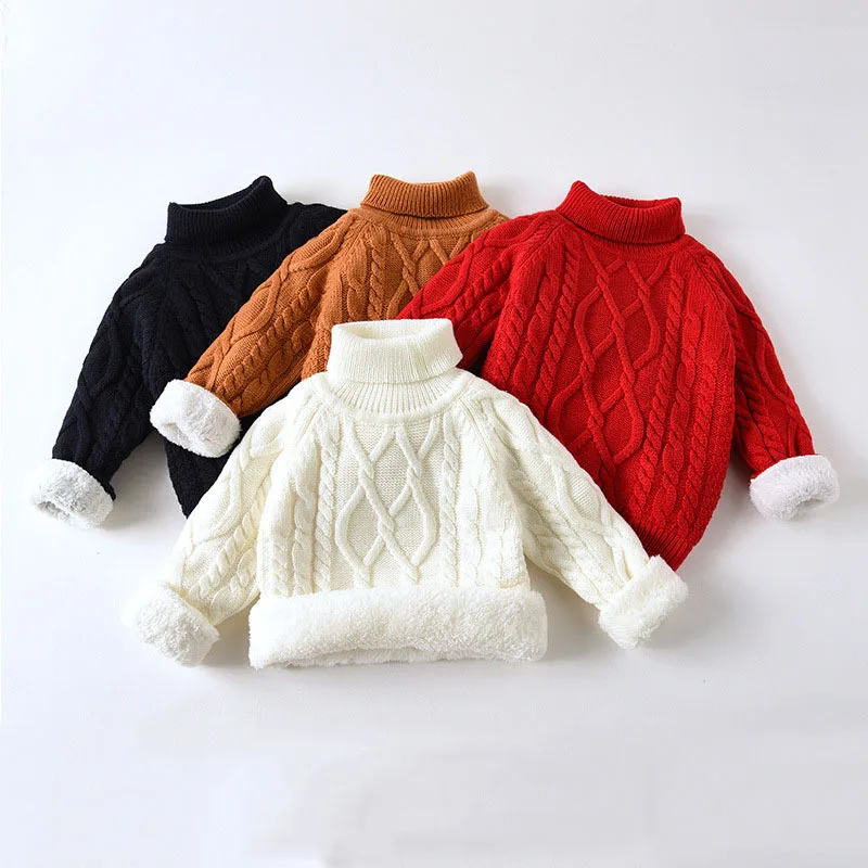 

Cute Children Warm Bottoming Shirt Plus Velvet Thick Knitted Pure Color Baby Girl Sweater, Green brown beige burnt yellow dark blue