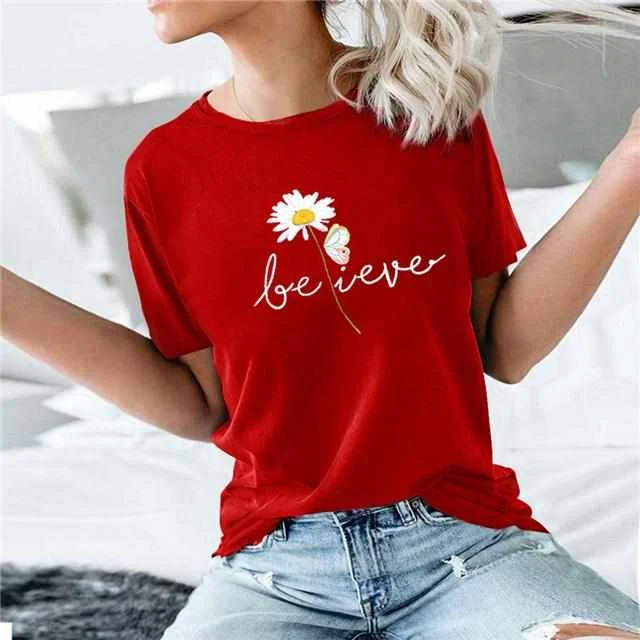 

2021 Hot Sales Women's Top Fashion Print Round Neck Short Sleeve T-shirt, Picture showed