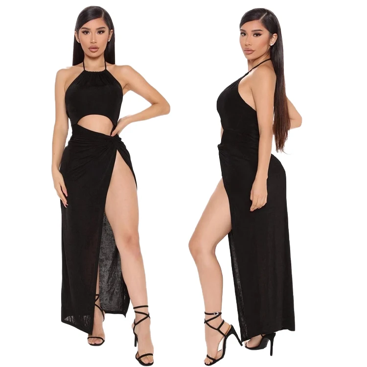 

Hollow Out Twist Split Long Womens Sexy Dresses Elegant Women Casual Wholesale Dresses Backless Dress, White/black