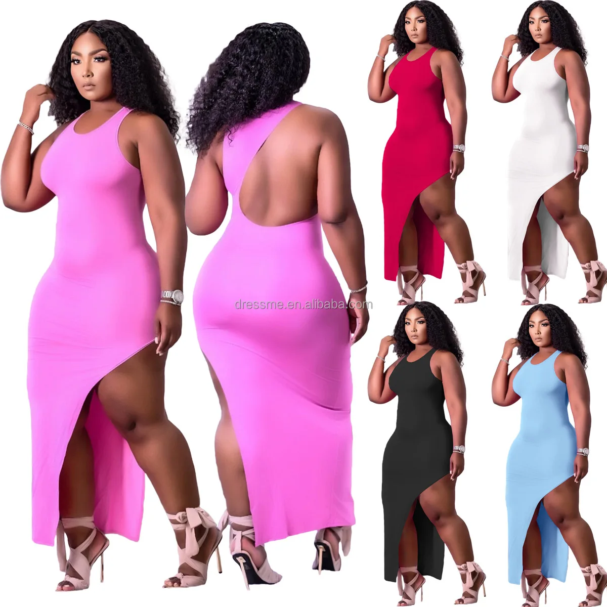 

MT117-10008 Newest Design sexy Solid color 3xl Plus Size long dress summer sleeveless vest Side Slit Backless women maxi dress