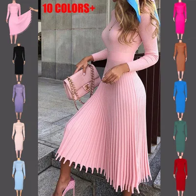 

F11103A 2020 new women's fashion knitted pure color pleated dress, Pink, purple, green, black, nude, blue, rose, wine, sapphire, brown