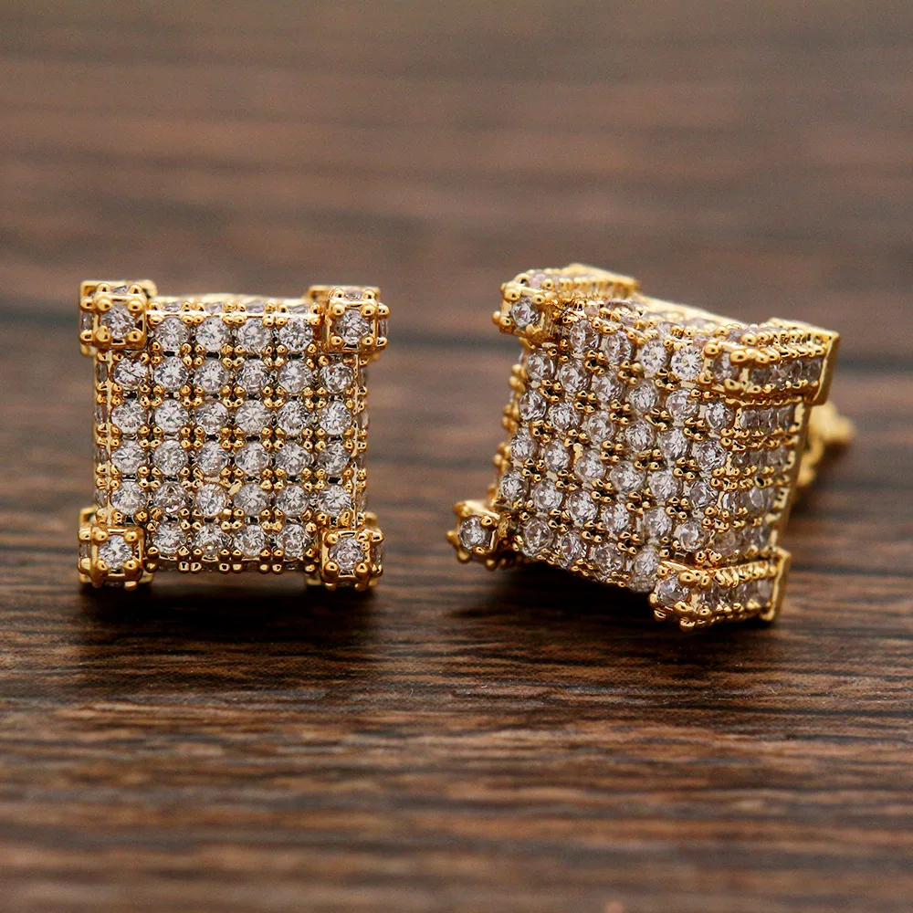 

Hips Hops Rapper 18K Gold Plated Square Bling Full Iced Crystal Rhinestone Stud Earring For Women Men