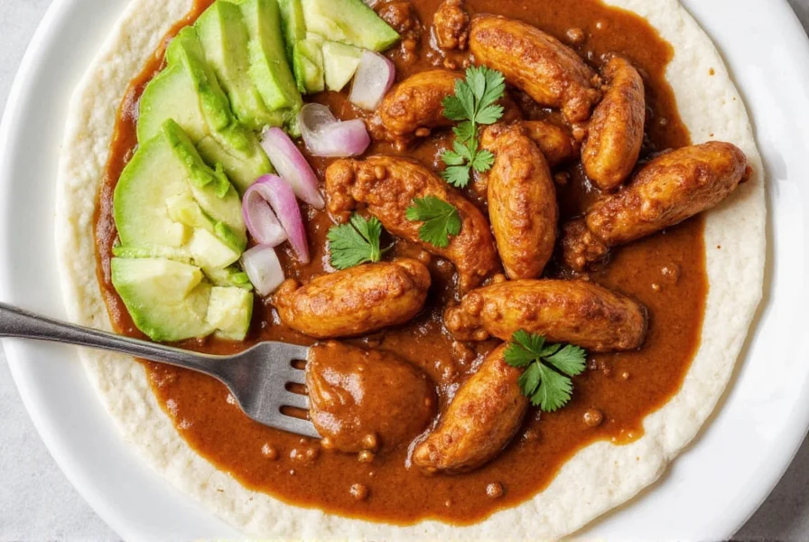 Chicken mole plated beautifully with garnishes