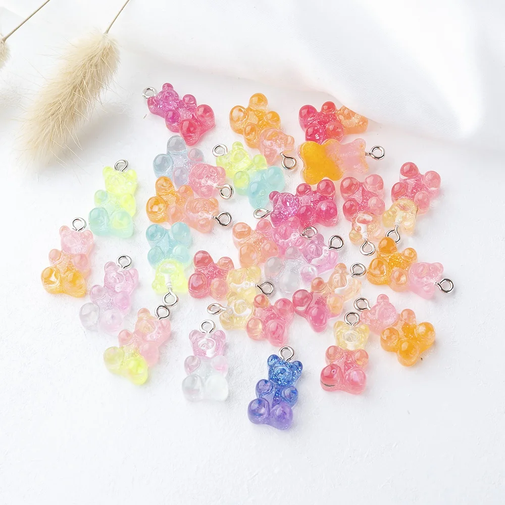 

Wholesale Cute Transparent Glitter Gradient Resin Gummy Bear Charms Resin Bear Pendant for Keychain Making DIY Necklace Bracelet, Picture