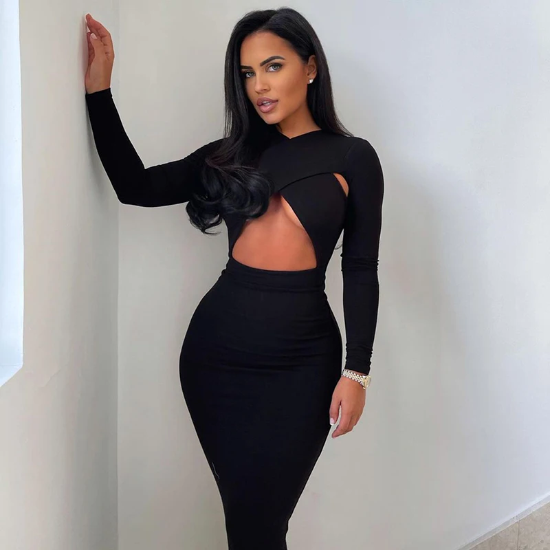 

CuteNOVA M21DS441 Women Fall Dresses Solid Cross Cut Hollow Long Sleeve Bodycon Midi Dress Party Fit Dresses
