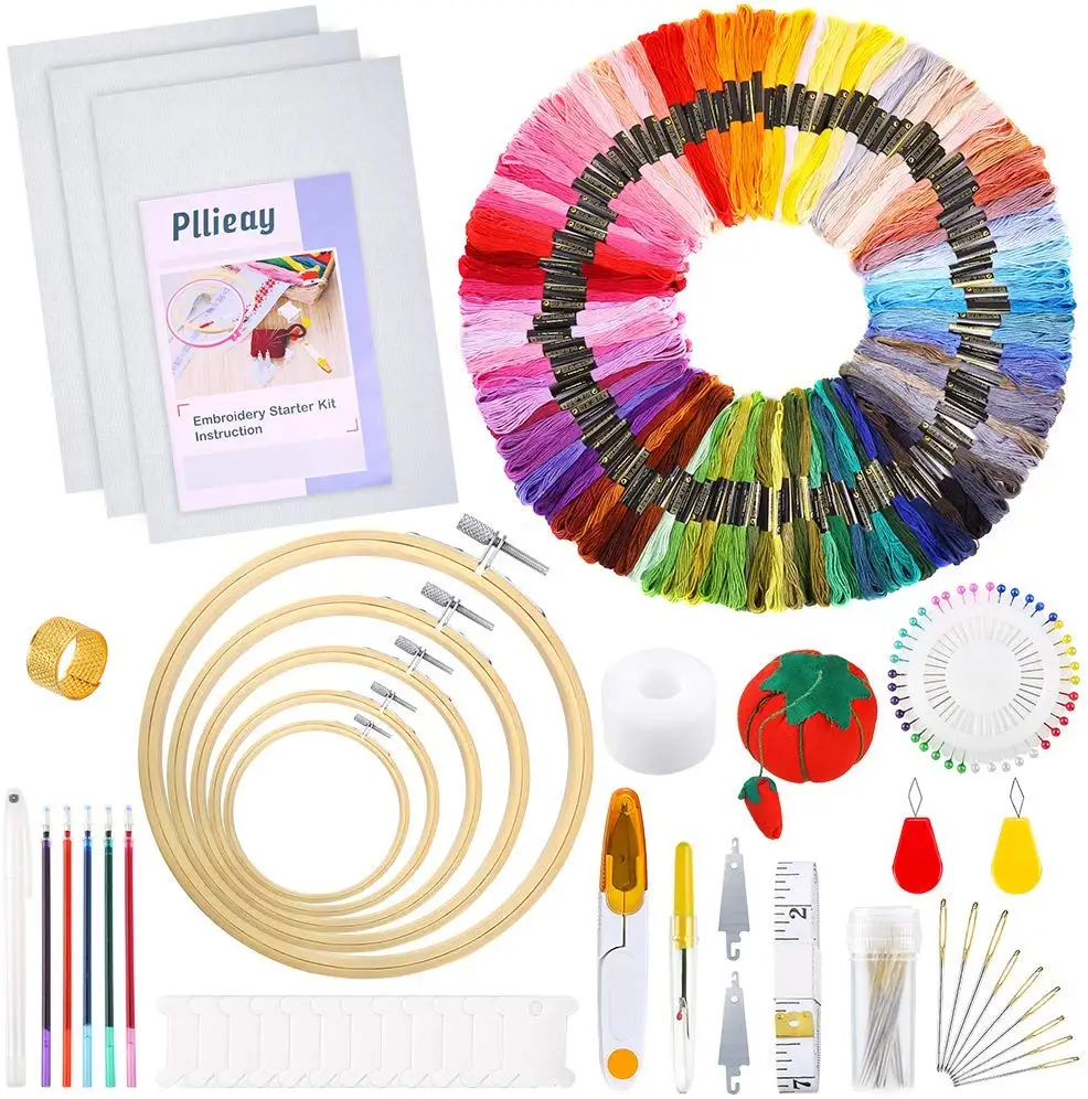 

205 Pieces Full Range of Embroidery Starter Kit with Instructions,Aida Cloth and Cross Stitch Tools Kit for Sewing, Custom logo