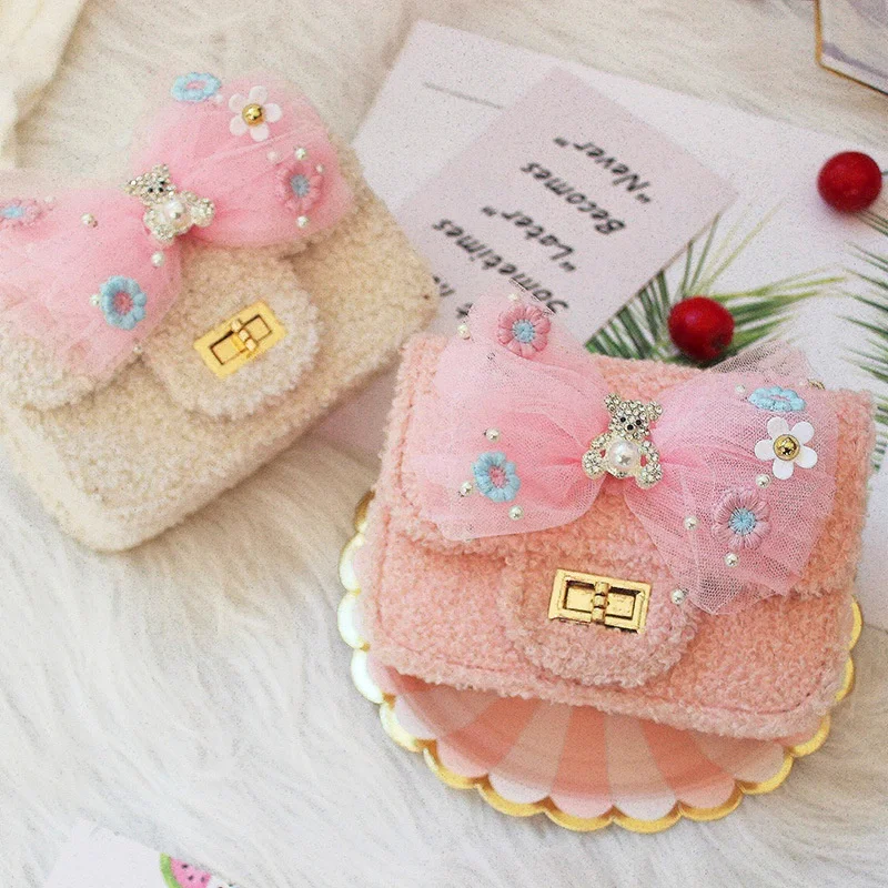 

New Arrival Bow Plush Small Crossbody Bag Cute Bear Accessories Little Girl Mini Shoulder Chain Bag For Kids, 4 colors