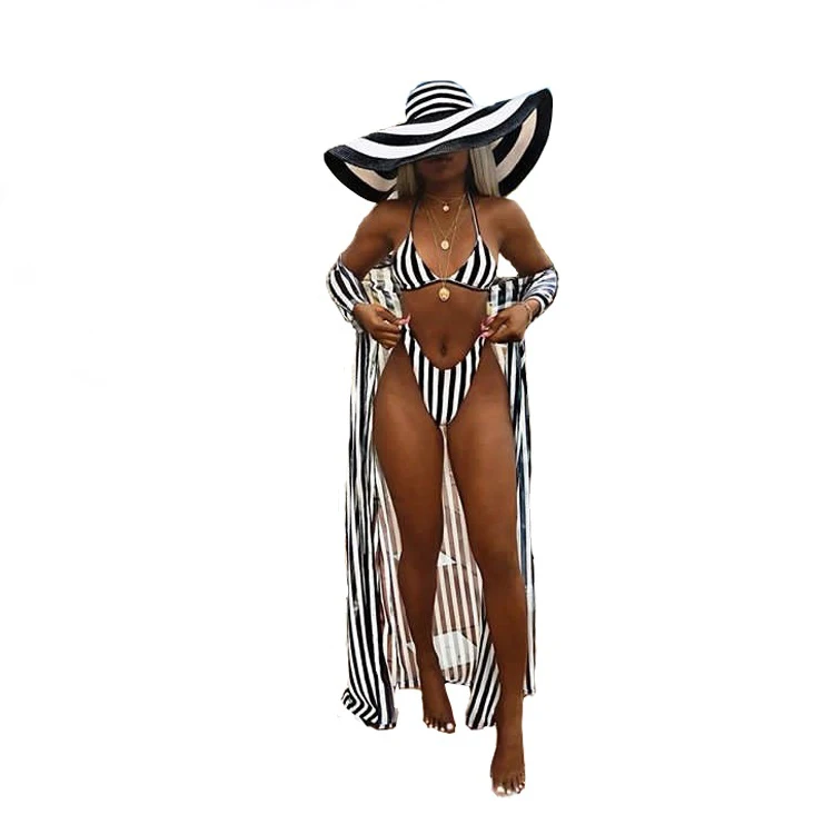 

Wholesale Summer Beachwear Bikini Set With Cover Up Sexy 3 Piece Bathing Suit For Woman, Black,blue,red
