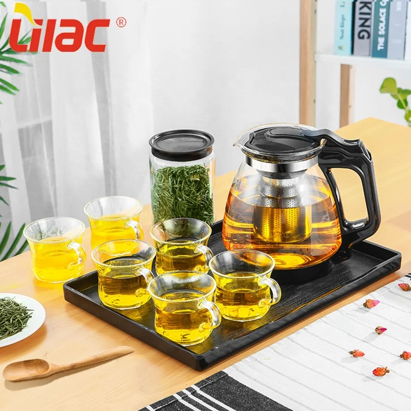 

Lilac FREE Sample 1700ml+160ml*6 large size whole sale serving cool lemon leaf insulated cup glass set tea pot with tray, Customized