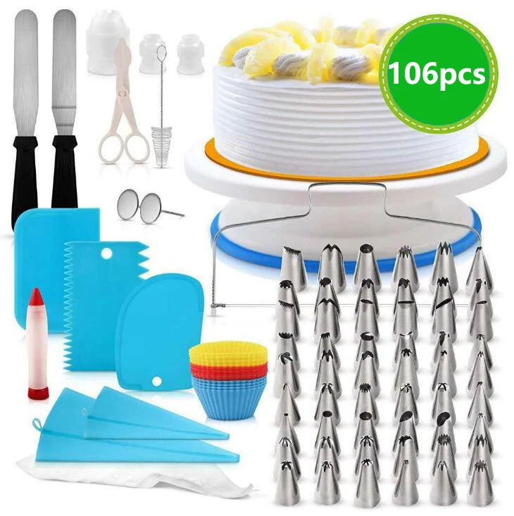 

106pcs Cake Turntable Set Multifunction Cake Decorating Kit Pastry Tube Fondant Party Kitchen Dessert Baking Supplies, Blue