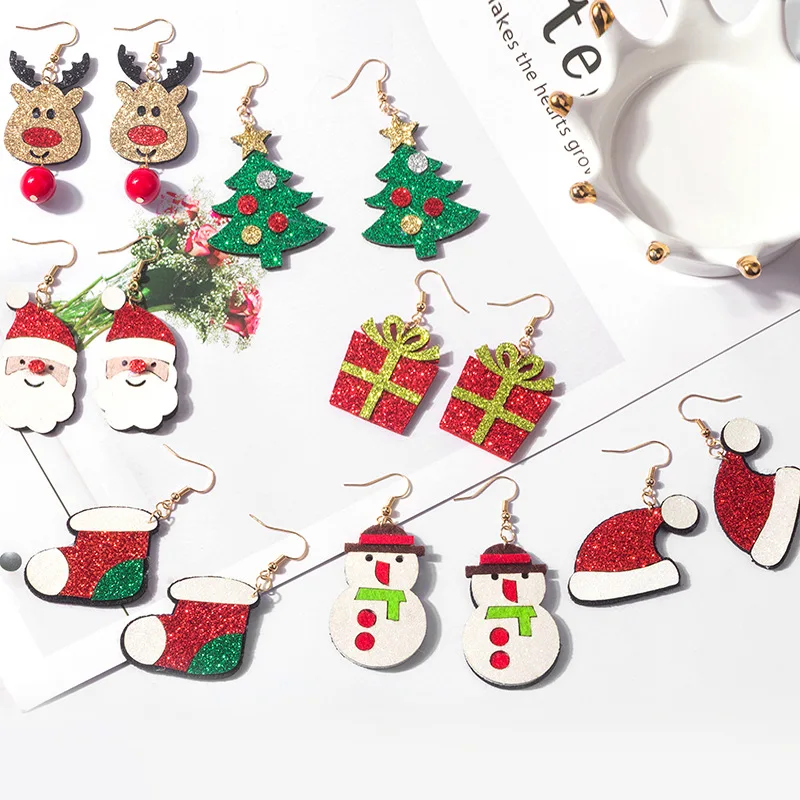 

Trendy cartoon three dimensional santa claus christmas tree gift box shoes snowman elk bell stud earrings