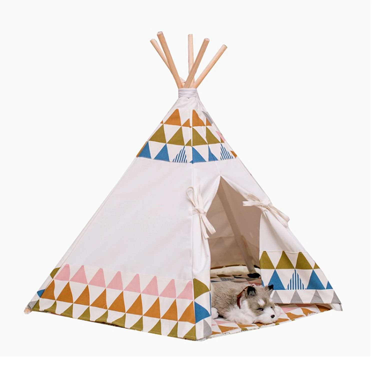 

Hot wholesale High Quality Dog Teepee Pets Dog Indoor Dog Indian Tent Puppy Cat Play Tipi tent with Mat All Season Pet Tent, Customized colors