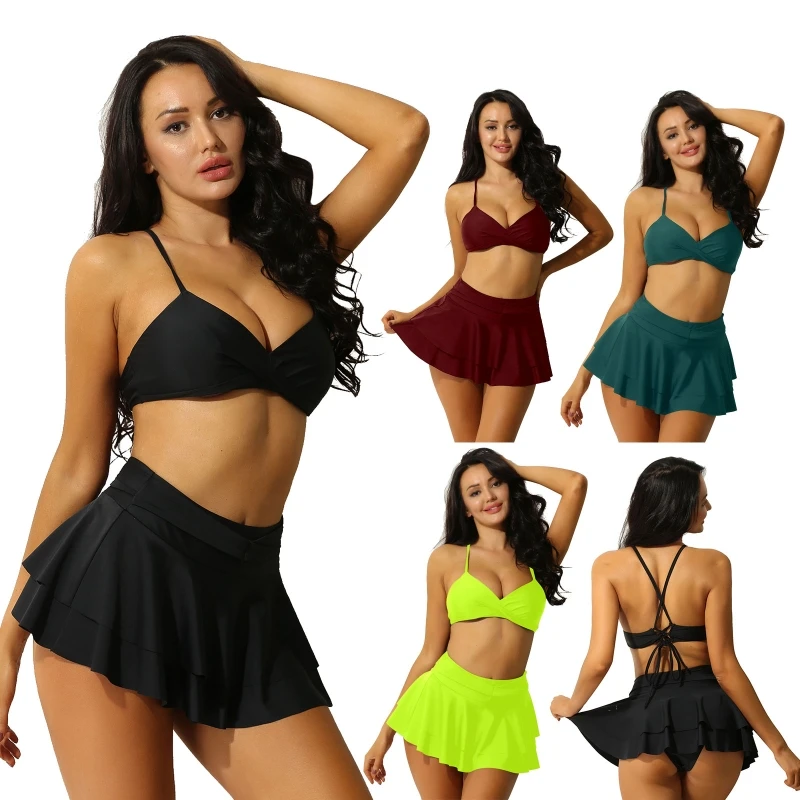 

High Quality Sexy Bikini Set Women 2 Pcs Bathing Suit Swimsuit Swimwear Crisscross Bra Tops Ruffle Skirt Swim Dress