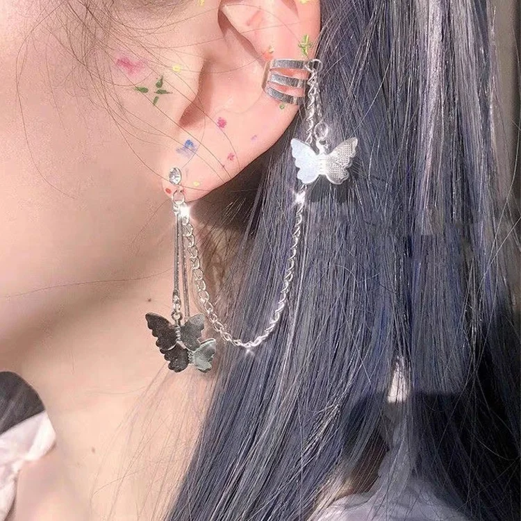 

New Design Butterfly Dangle Earrings Cute Tassel Chain Ear Clip Silver Butterfly Earrings For Woman, As picture display.