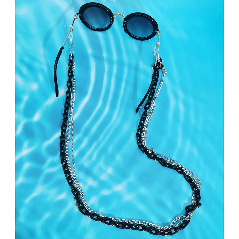 

Hip Hop Rock Neutral Eyeglasses Strap Multi-Layer Stainless Steel Acrylic Mixed Chain For Sunglasses, Silver