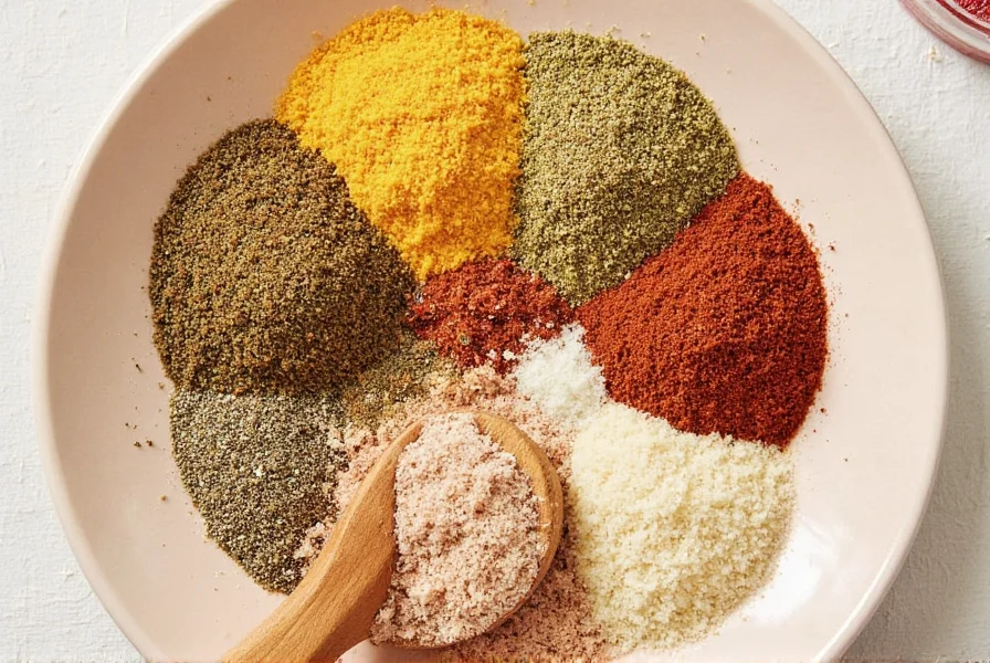 Colorful spice jars lined up on a wooden shelf