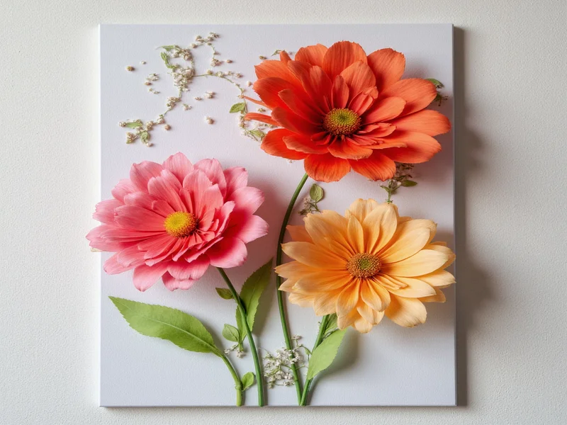 3D tissue paper flowers mounted on textured wall art display