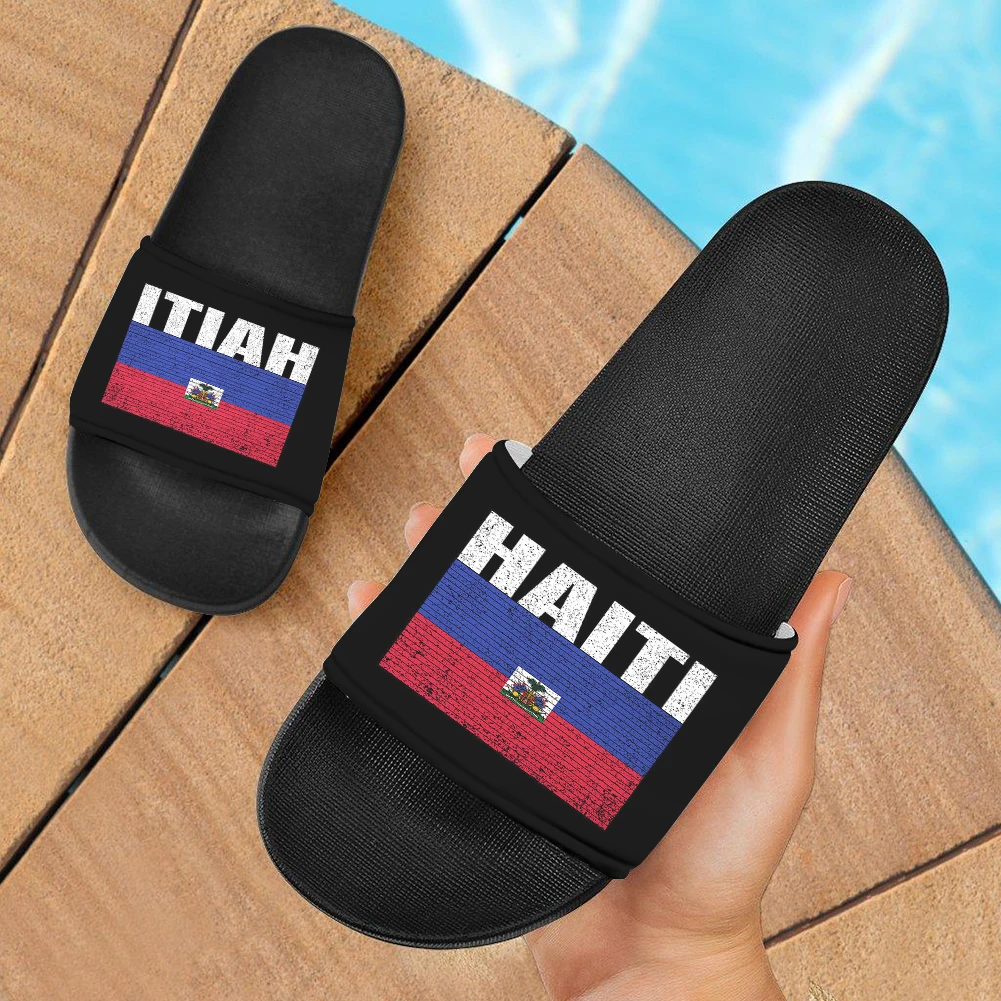 

New Beach Slippers Fits Women Men Black Eva Slippers Haiti Flag Print Sandals For Haitian Blue And Red Flag Flat Sandals Shoes, Like picture shows,support custom