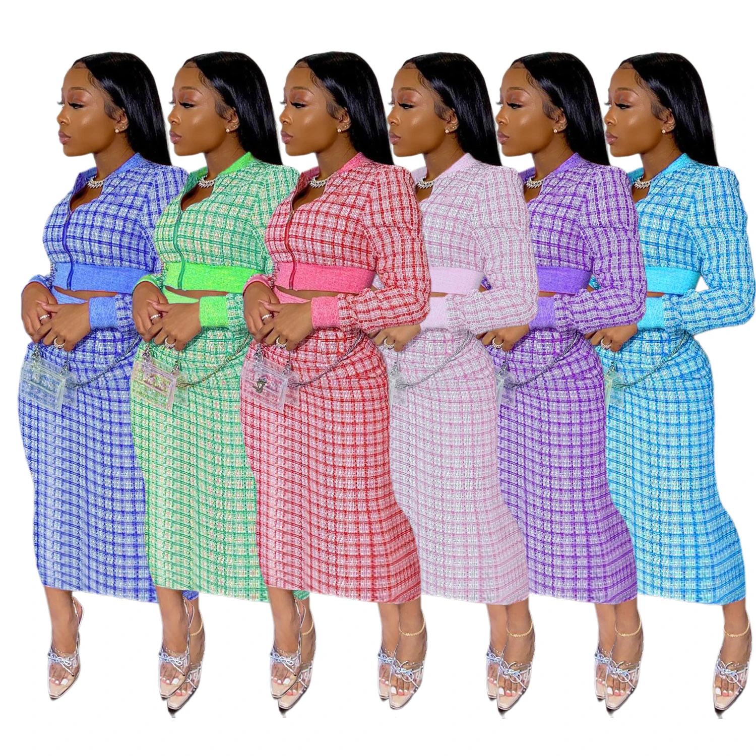 

women s clothing shirts 2021 ribbing vintage zipper long sleeves skirt sets women 2 piece outfits crop top and maxi skirt set, Pink/red/purple/green/dark blue/light blue