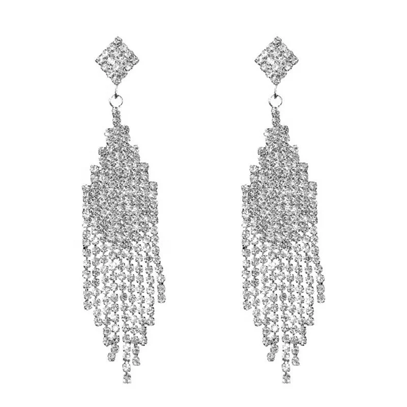 

925 silver ins temperament crystal rhinestone tassel long fashion earrings