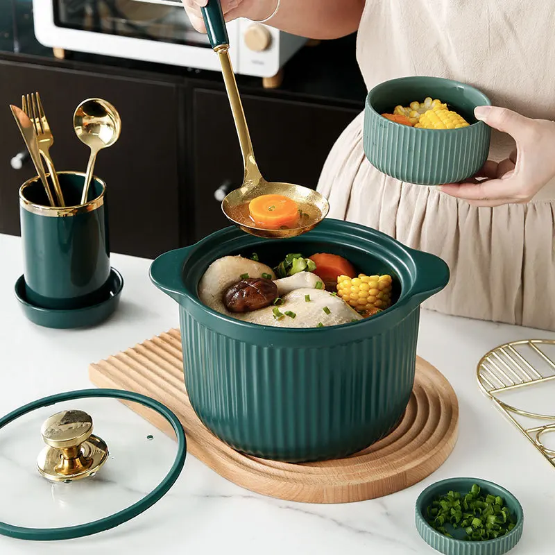 

Open fire spodumene casserole high temperature ceramic pot household gas stew pot non-stick pot double ear soup casserole, Green orange