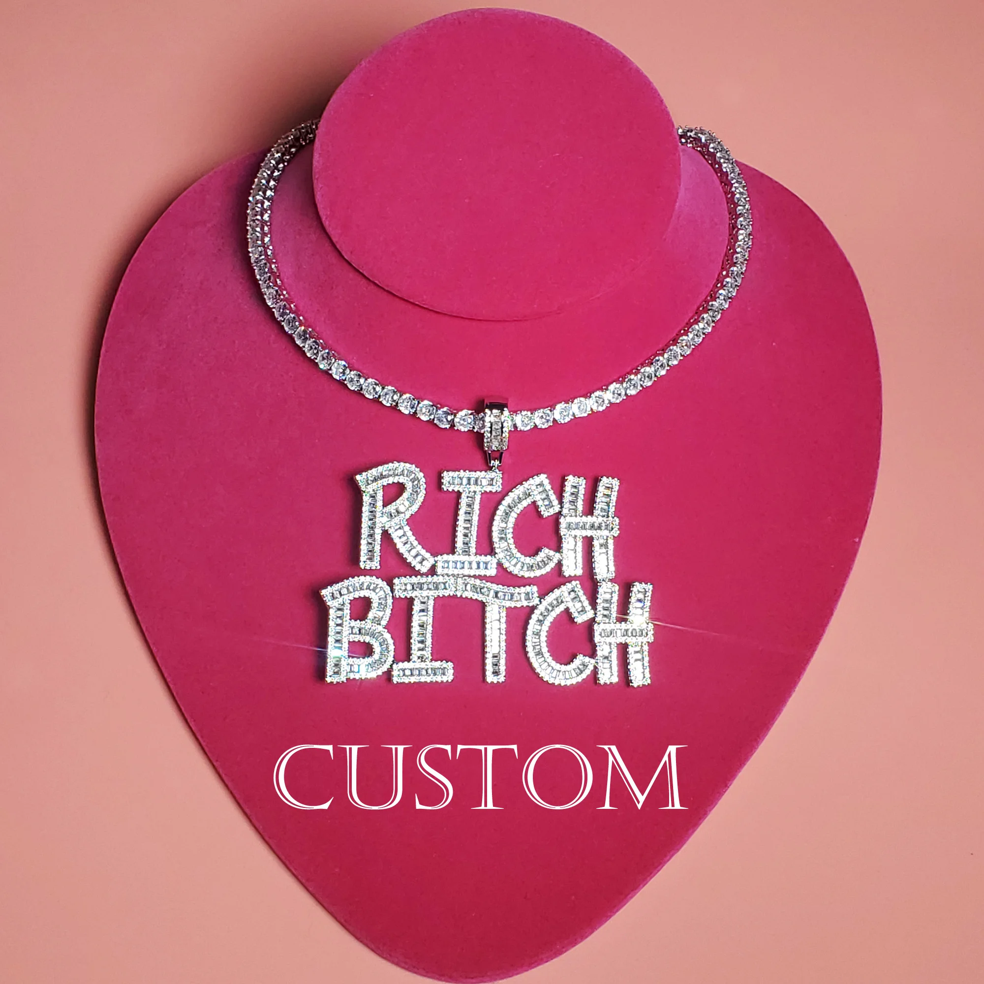 

Custom Nameplate with Icy Tennis Chain Iced Out Diamond Baguette Letter Name Necklace Bling Initial Pendant Hip Hop Jewelry