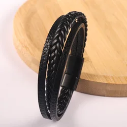 Hot Sale Braided Magnetic Clasp Metal Buckle Genuine Leather Bracelet Multi Layers Genuine Leather Bangle Bracelet