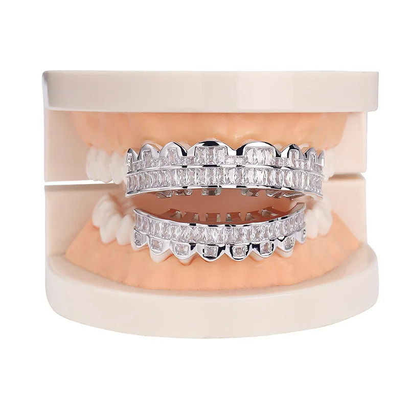 Hip Hop Copper TeethGrillz Set Micro Paved Cubic Zircon Mens Top&Bottom Grills Set With Extra Silicone