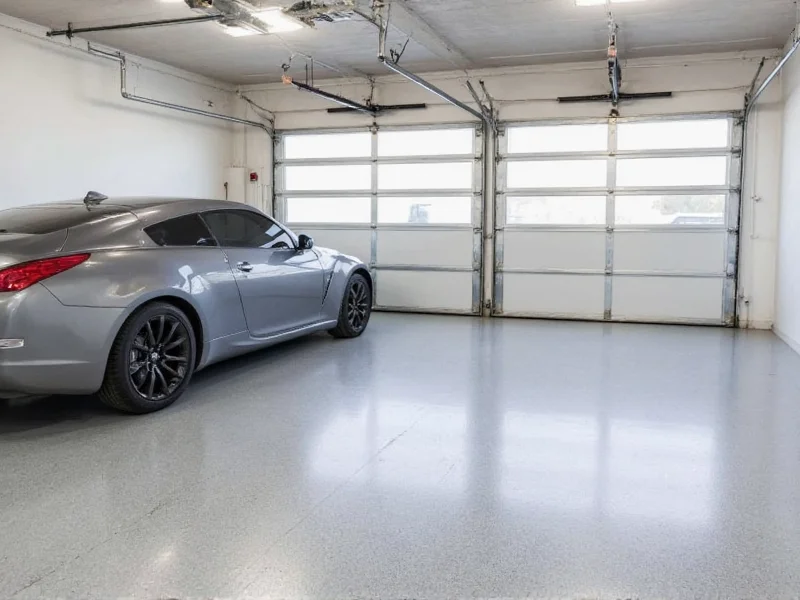 Clean epoxy coated garage floor with parked car