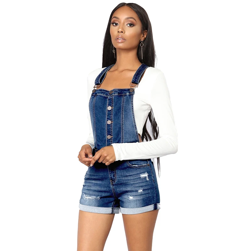 

Summer Denim overalls Women High Waisted Jeans Stretch Button Short playsuits mini backless button Jumpsuit