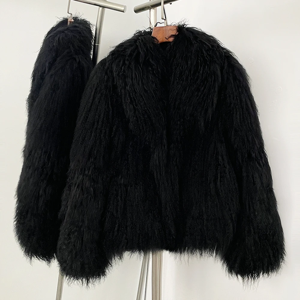 OFTBUY 2025 Winter Fashion Black Fur Coats 100% Fluffy Sheep Fur Coat Women Natural Mongolian Fur Coat Elegant Turn-down Collar