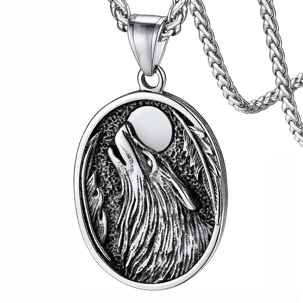 

Punk Amulet Stainless Steel Men Animal Wolf Moon Necklace Pendant for Men