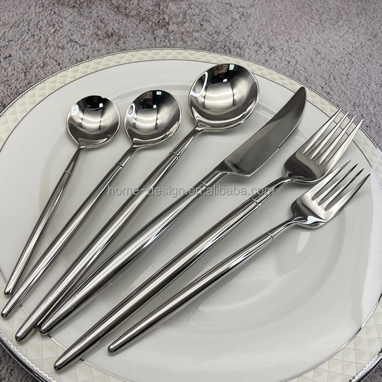 Light Luxury Silver 304 Stainless Steel Sustainable Modern Cutlery Set High Mirror Polish Smooth Handle Knife Fork Flatware